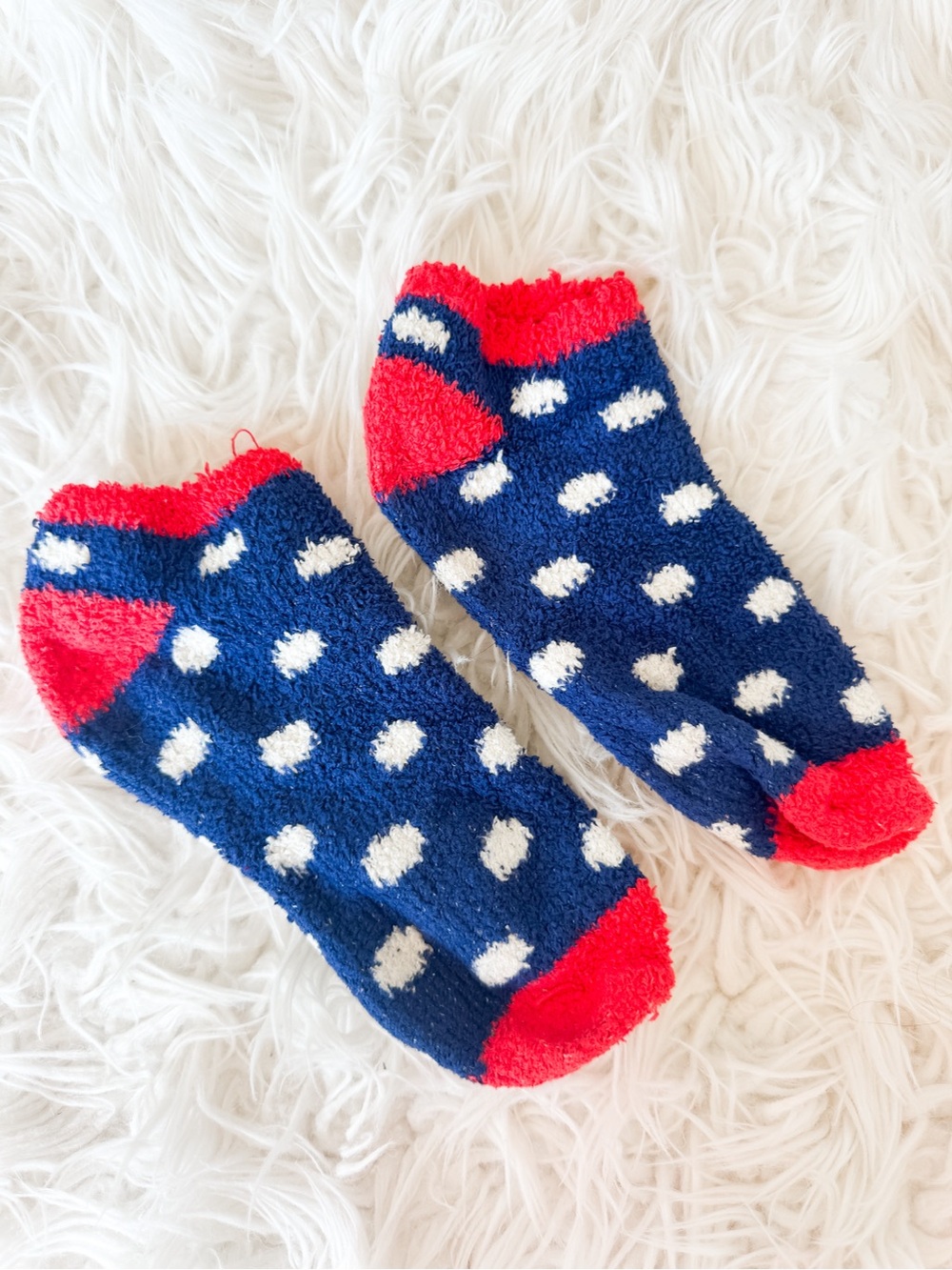 Cozy Fuzzy Polka Dot Ankle Socks Navy Red One Size